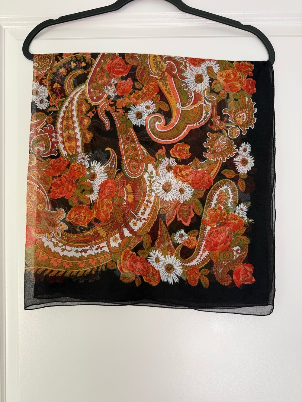 Floral Paisley Black Scarf with Orange & White Accents
